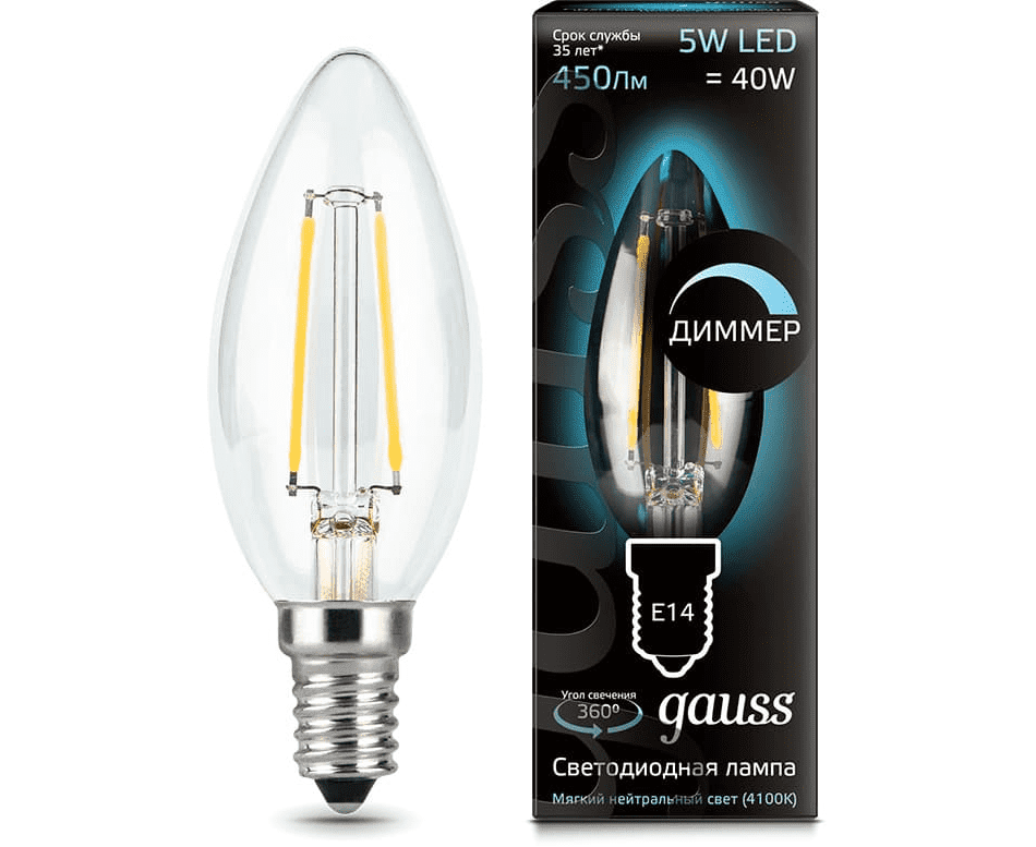 Лампа Gauss LED Filament Свеча E14 220V 5w 4100K 450Lm Dimm 103801205-D